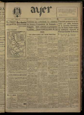 'Ayer : diario informativo de la mañana' - Año V Número 1099 - 1940 enero 21