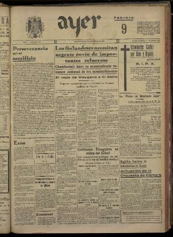 'Ayer : diario informativo de la mañana' - Año V Número 1115 - 1940 febrero 9