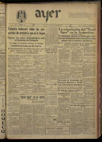 'Ayer : diario informativo de la mañana' - Año V Número 1119 - 1940 febrero 14