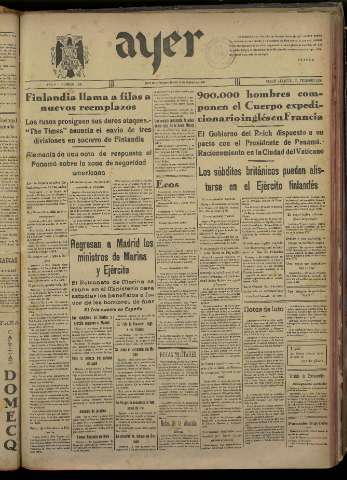 'Ayer : diario informativo de la mañana' - Año V Número 1120 - 1940 febrero 15