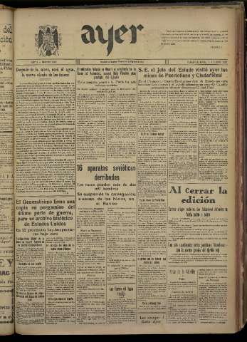 'Ayer : diario informativo de la mañana' - Año V Número 1121 - 1940 febrero 16