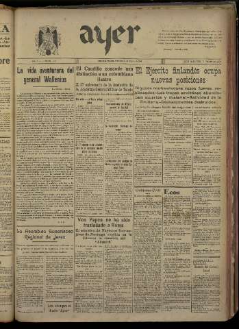 'Ayer : diario informativo de la mañana' - Año V Número 1125 - 1940 febrero 21