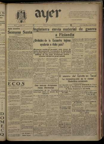 'Ayer : diario informativo de la mañana' - Año V Número 1126 - 1940 febrero 22