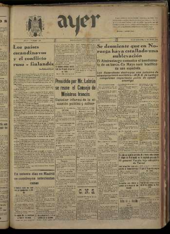 'Ayer : diario informativo de la mañana' - Año V Número 1127 - 1940 febrero 23