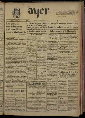 'Ayer : diario informativo de la mañana' - Año V Número 1128 - 1940 febrero 24