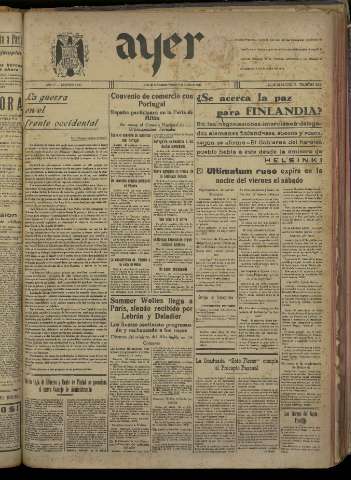 'Ayer : diario informativo de la mañana' - Año V Número 1139 - 1940 marzo 8