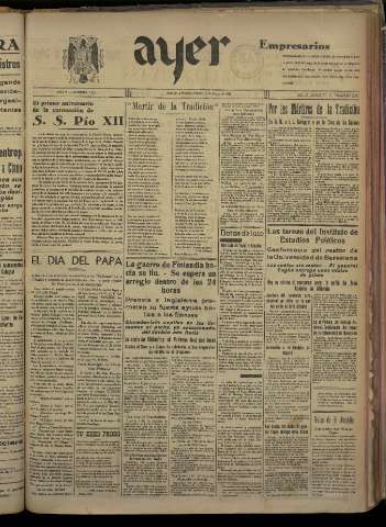 'Ayer : diario informativo de la mañana' - Año V Número 1142 - 1940 marzo 12