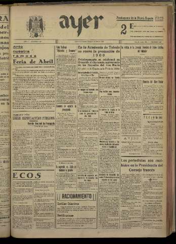 'Ayer : diario informativo de la mañana' - Año V Número 1162 - 1940 abril 6