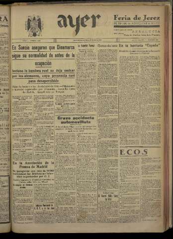 'Ayer : diario informativo de la mañana' - Año V Número 1170 - 1940 abril 16