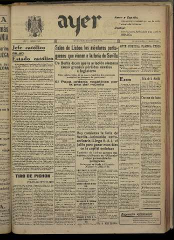 'Ayer : diario informativo de la mañana' - Año V Número 1172 - 1940 abril 18