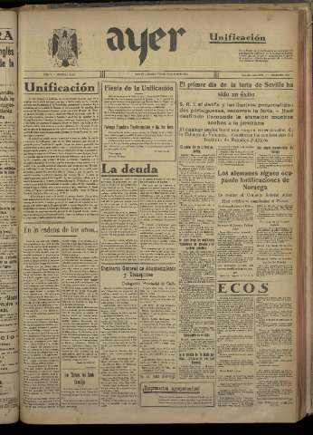 'Ayer : diario informativo de la mañana' - Año V Número 1173 - 1940 abril 19