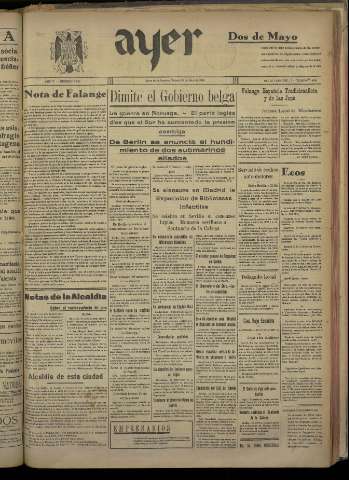 'Ayer : diario informativo de la mañana' - Año V Número 1179 - 1940 abril 26