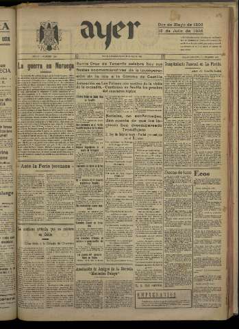 'Ayer : diario informativo de la mañana' - Año V Número 1180 - 1940 abril 27