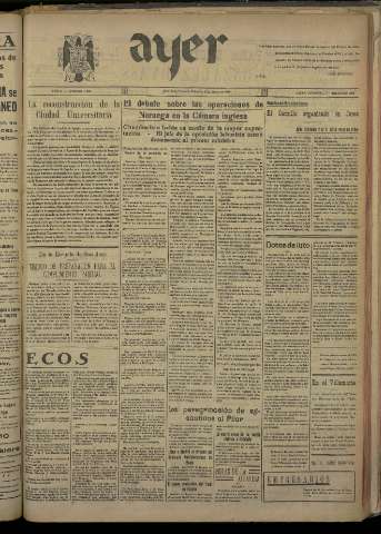 'Ayer : diario informativo de la mañana' - Año V Número 1189 - 1940 mayo 8