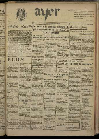 'Ayer : diario informativo de la mañana' - Año V Número 1190 - 1940 mayo 9