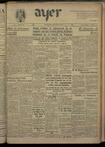 'Ayer : diario informativo de la mañana' - Año V Número 1191 - 1940 mayo 10