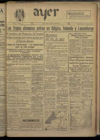 'Ayer : diario informativo de la mañana' - Año V Número 1192 - 1940 mayo 11