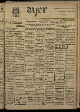 'Ayer : diario informativo de la mañana' - Año V Número 1195 - 1940 mayo 15