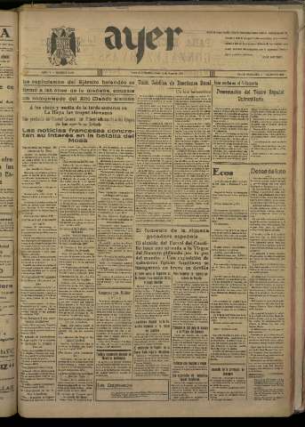'Ayer : diario informativo de la mañana' - Año V Número 1196 - 1940 mayo 16