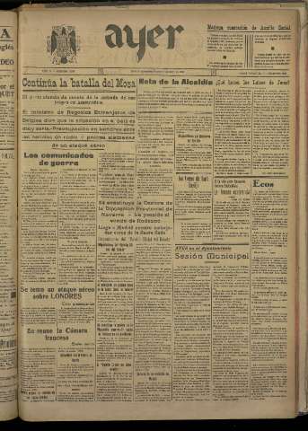 'Ayer : diario informativo de la mañana' - Año V Número 1197 - 1940 mayo 17