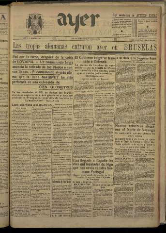 'Ayer : diario informativo de la mañana' - Año V Número 1198 - 1940 mayo 18