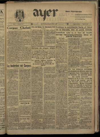 'Ayer : diario informativo de la mañana' - Año V Número 1202 - 1940 mayo 23