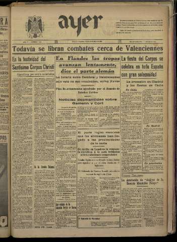 'Ayer : diario informativo de la mañana' - Año V Número 1203 - 1940 mayo 24