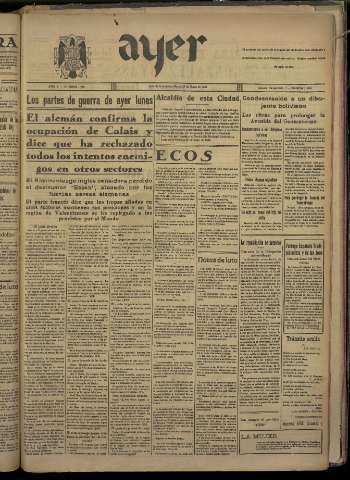 'Ayer : diario informativo de la mañana' - Año V Número 1206 - 1940 mayo 28