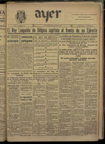 'Ayer : diario informativo de la mañana' - Año V Número 1207 - 1940 mayo 29
