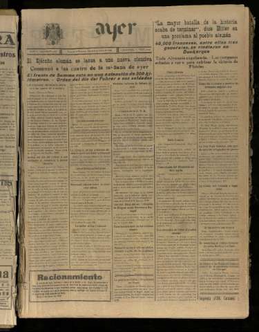'Ayer : diario informativo de la mañana' - Año V Número 1214 - 1940 junio 6