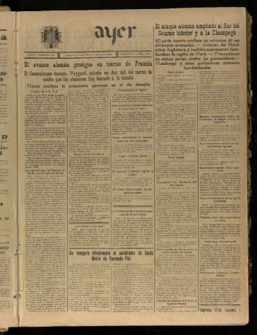 'Ayer : diario informativo de la mañana' - Año V Número 1215 - 1940 junio 7