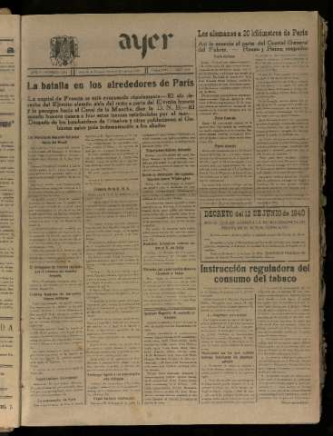 'Ayer : diario informativo de la mañana' - Año V Número 1220 - 1940 junio 13