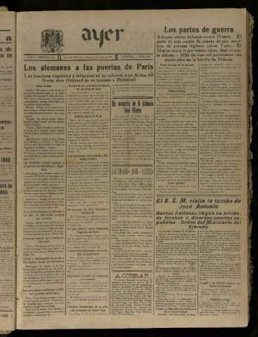 'Ayer : diario informativo de la mañana' - Año V Número 1221 - 1940 junio 14
