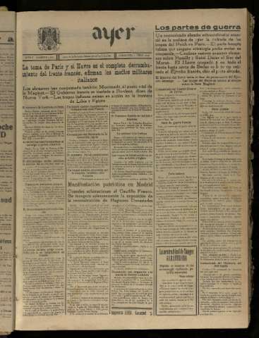 'Ayer : diario informativo de la mañana' - Año V Número 1222 - 1940 junio 15