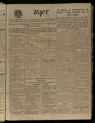 'Ayer : diario informativo de la mañana' - Año V Número 1223 - 1940 junio 16