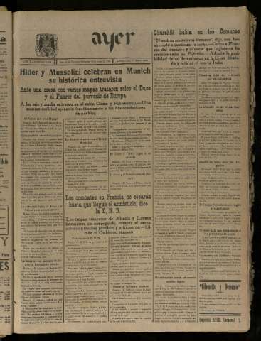 'Ayer : diario informativo de la mañana' - Año V Número 1225 - 1940 junio 19