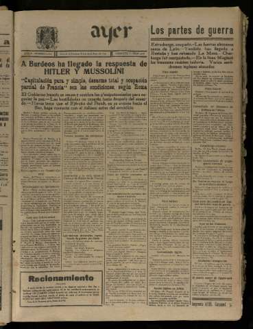 'Ayer : diario informativo de la mañana' - Año V Número 1226 - 1940 junio 20