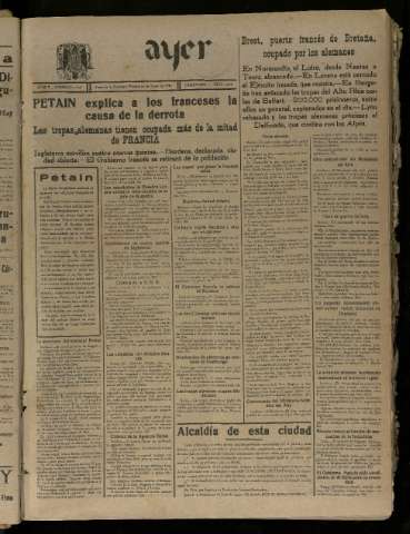 'Ayer : diario informativo de la mañana' - Año V Número 1227 - 1940 junio 21
