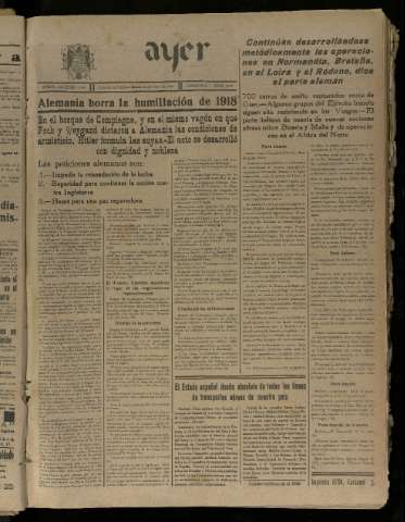 'Ayer : diario informativo de la mañana' - Año V Número 1228 - 1940 junio 22