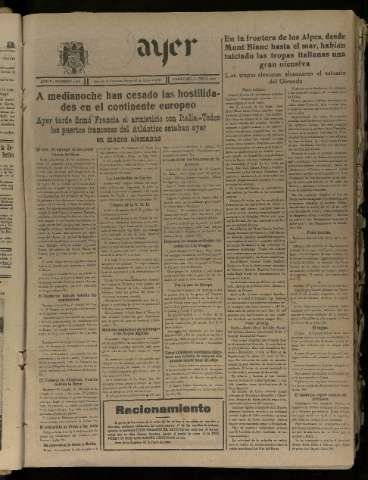 'Ayer : diario informativo de la mañana' - Año V Número 1230 - 1940 junio 25