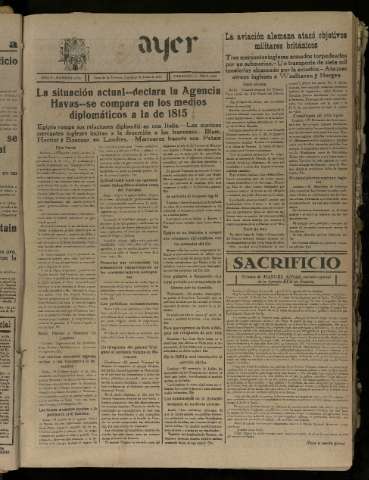 'Ayer : diario informativo de la mañana' - Año V Número 1232 - 1940 junio 27