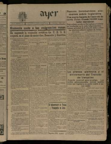 'Ayer : diario informativo de la mañana' - Año V Número 1234 - 1940 junio 29
