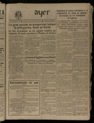 'Ayer : diario informativo de la mañana' - Año V Número 1237 - 1940 julio 3