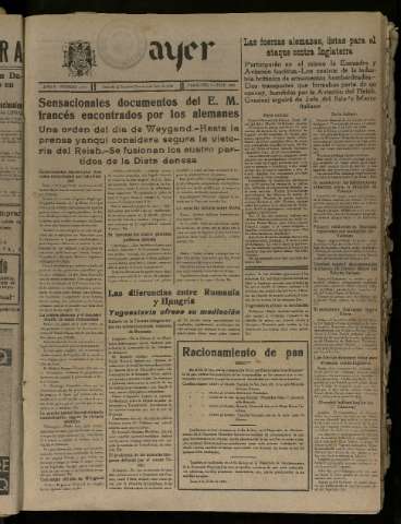 'Ayer : diario informativo de la mañana' - Año V Número 1238 - 1940 julio 4