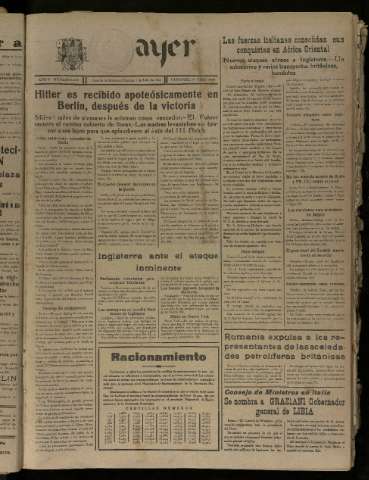 'Ayer : diario informativo de la mañana' - Año V Número 1241 - 1940 julio 7