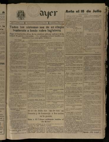 'Ayer : diario informativo de la mañana' - Año V Número 1248 - 1940 julio 16