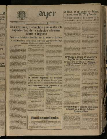 'Ayer : diario informativo de la mañana' - Año V Número 1263 - 1940 agosto 2
