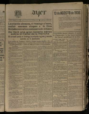 'Ayer : diario informativo de la mañana' - Año V Número 1272 - 1940 agosto 13