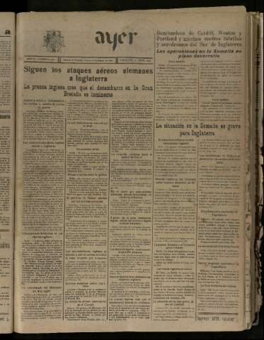 'Ayer : diario informativo de la mañana' - Año V Número 1275 - 1940 agosto 16