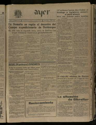 'Ayer : diario informativo de la mañana' - Año V Número 1278 - 1940 agosto 20